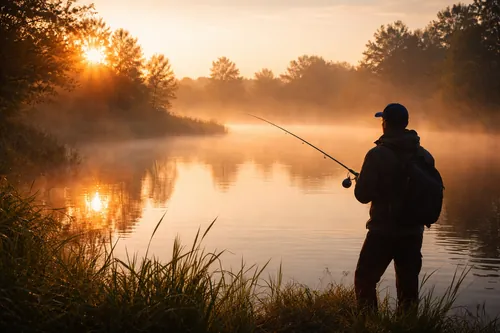 Angler bei Sonnenaufgang am See